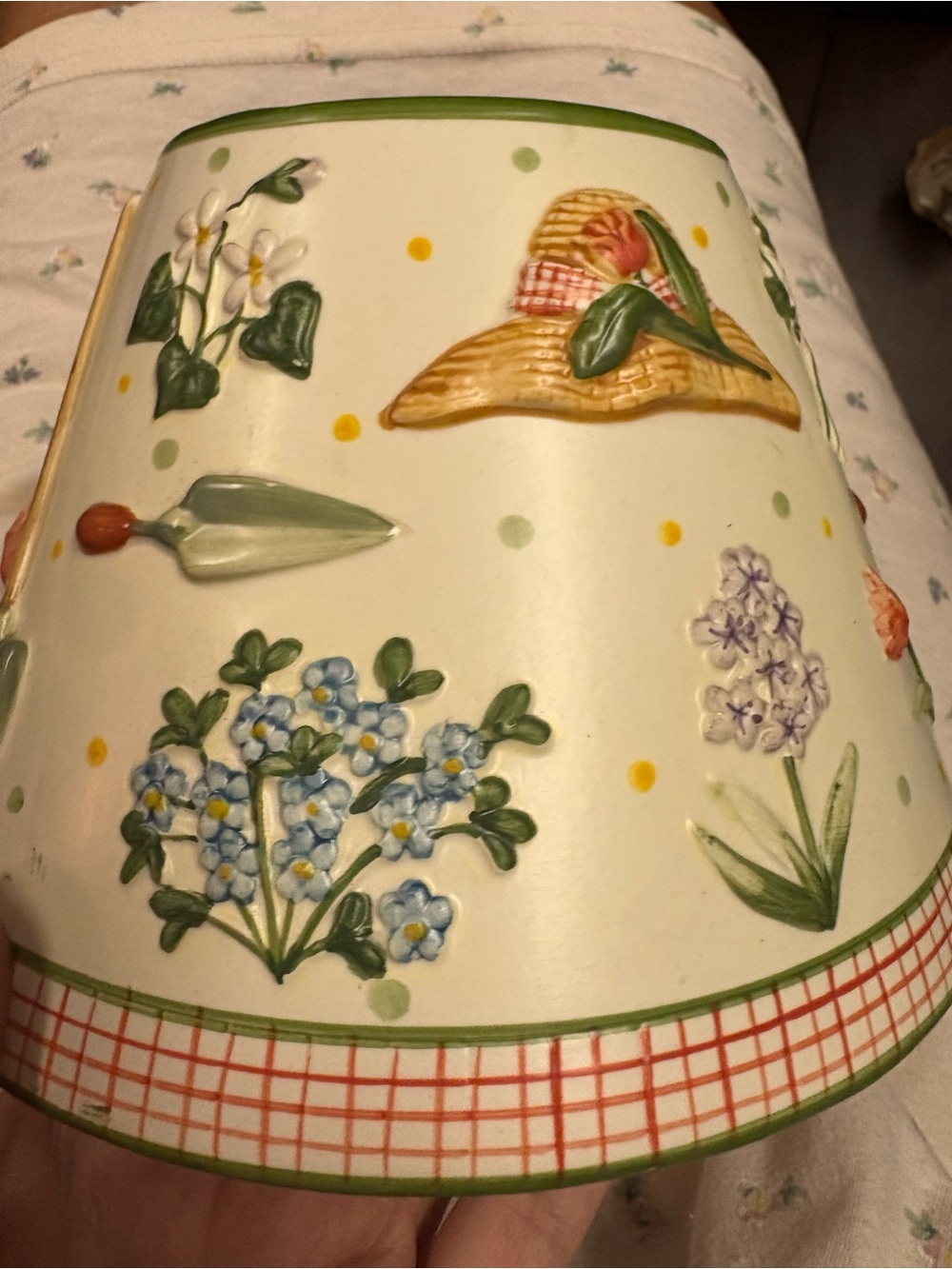 Yankee Candle Cream Ceramic Vase with Green Trim and Multicolor Floral Details